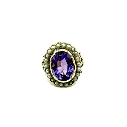 1206. Antikes Goldring mit Amethyst und Perlen