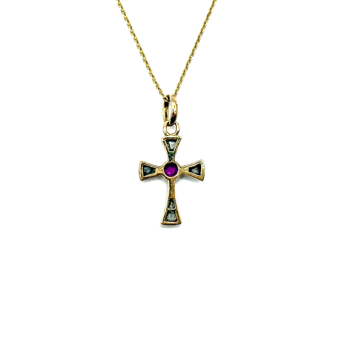 SF720/4. Art Deco Arany Kereszt Medál Gyémánttal és Ékszerkővel