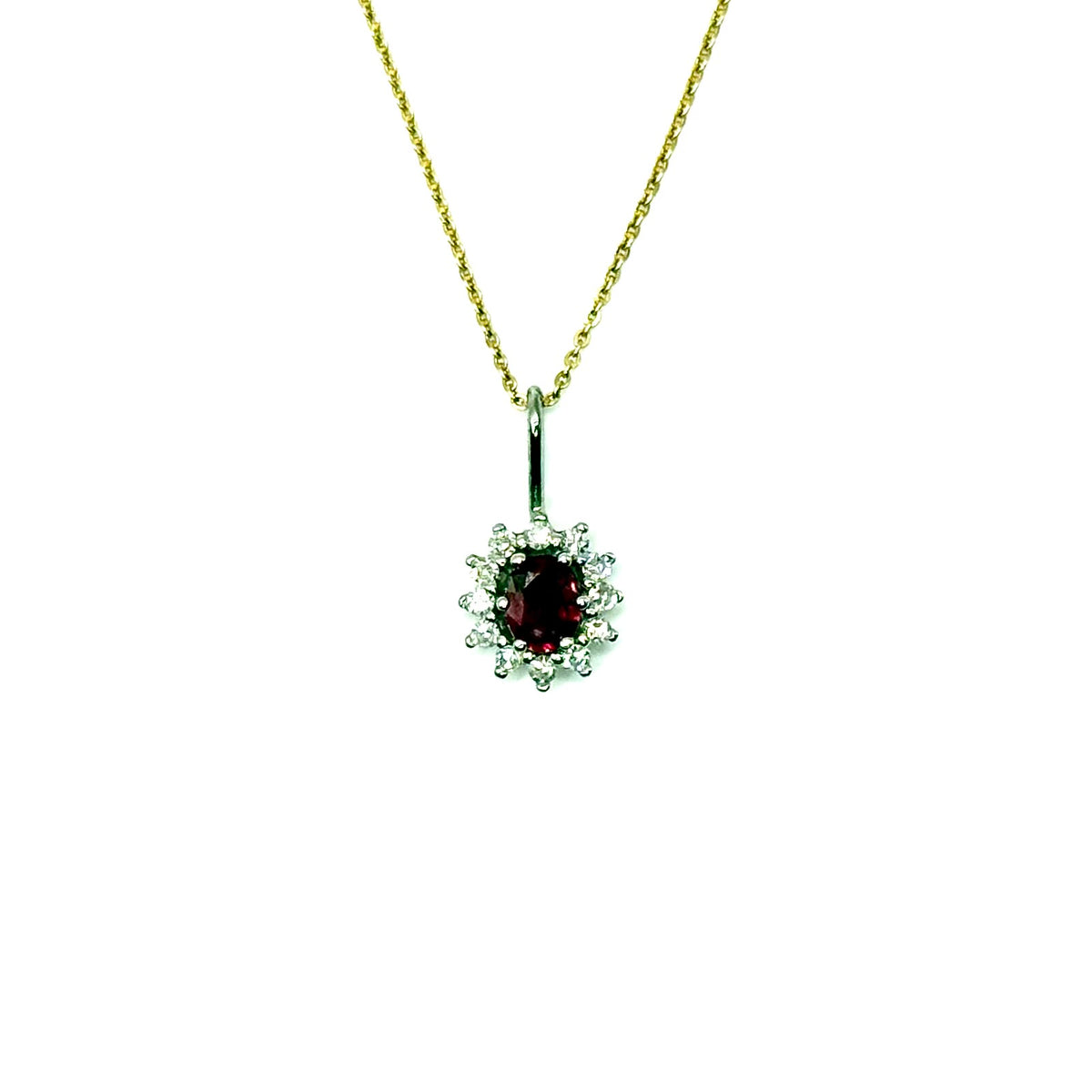 R351. Moderner Weißgoldanhänger mit Diamant und Rubin