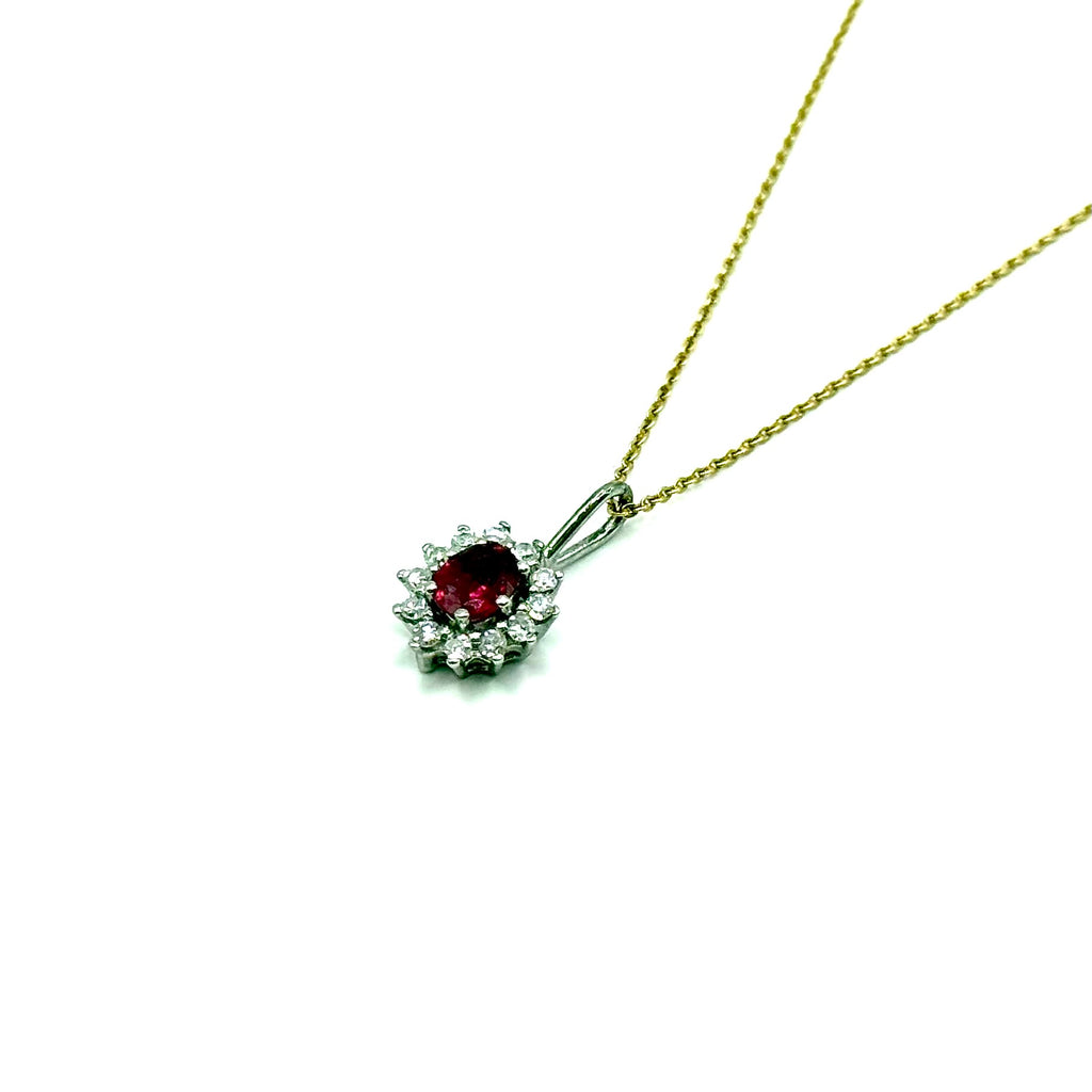 R351. Moderner Weißgoldanhänger mit Diamant und Rubin
