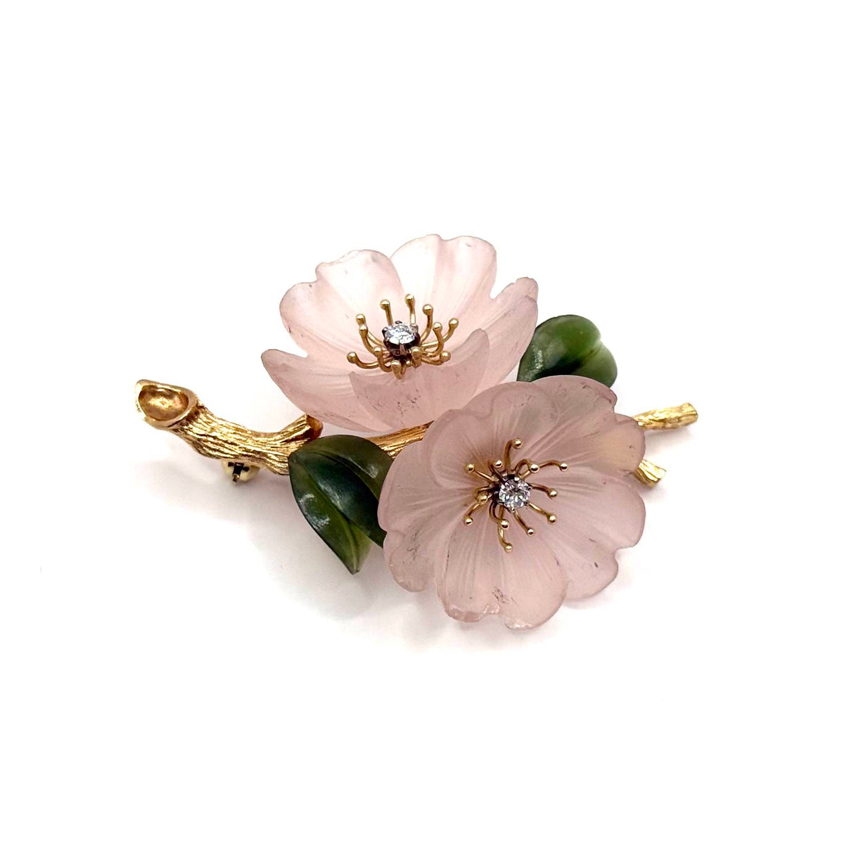 SF1046. Vintage Floral Gold Brooch with Diamond, Rock Crystal and Nephrite
