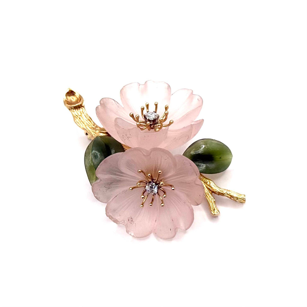 SF1046. Vintage Floral Gold Brooch with Diamond, Rock Crystal and Nephrite