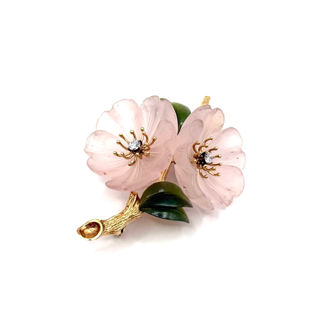 SF1046. Vintage Floral Gold Brooch with Diamond, Rock Crystal, and Nephrite