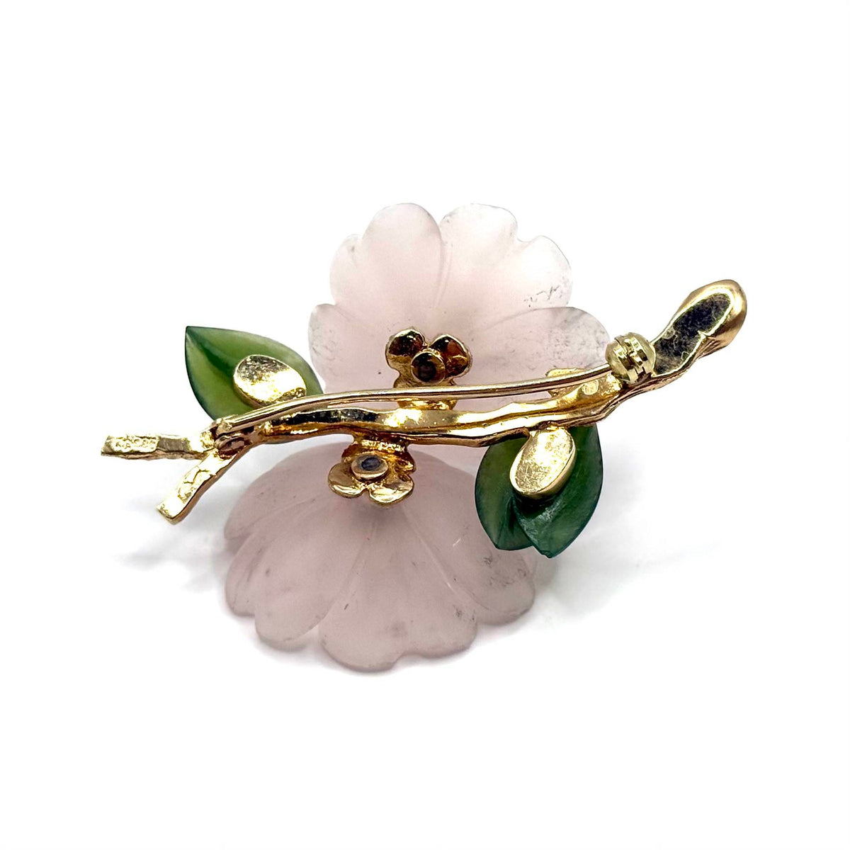 SF1046. Vintage Floral Gold Brooch with Diamond, Rock Crystal and Nephrite
