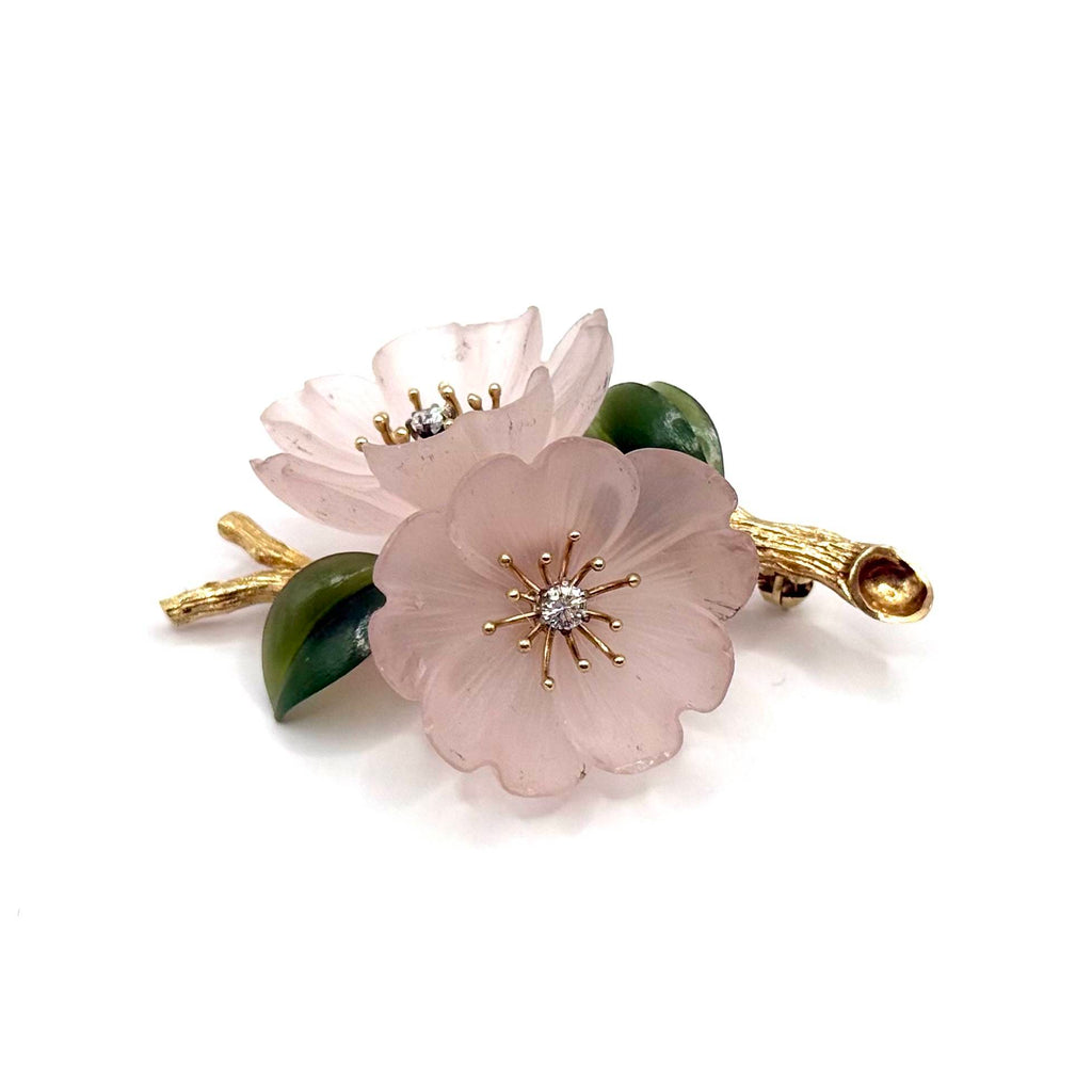 SF1046. Vintage Floral Gold Brooch with Diamond, Rock Crystal and Nephrite