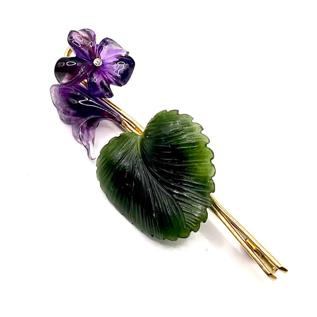 0725. Vintage Gold Brooch with Amethyst and Nephrite