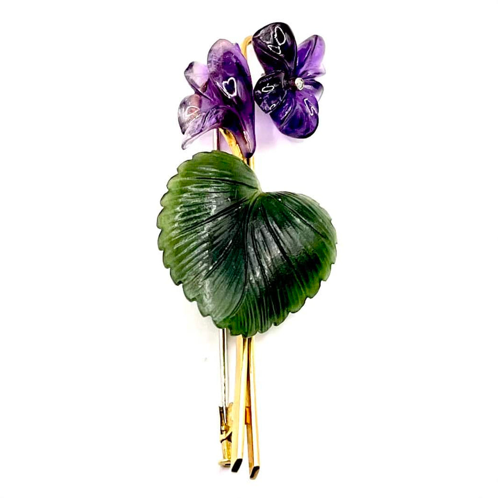 0725. Vintage Gold Brooch with Amethyst and Nephrite