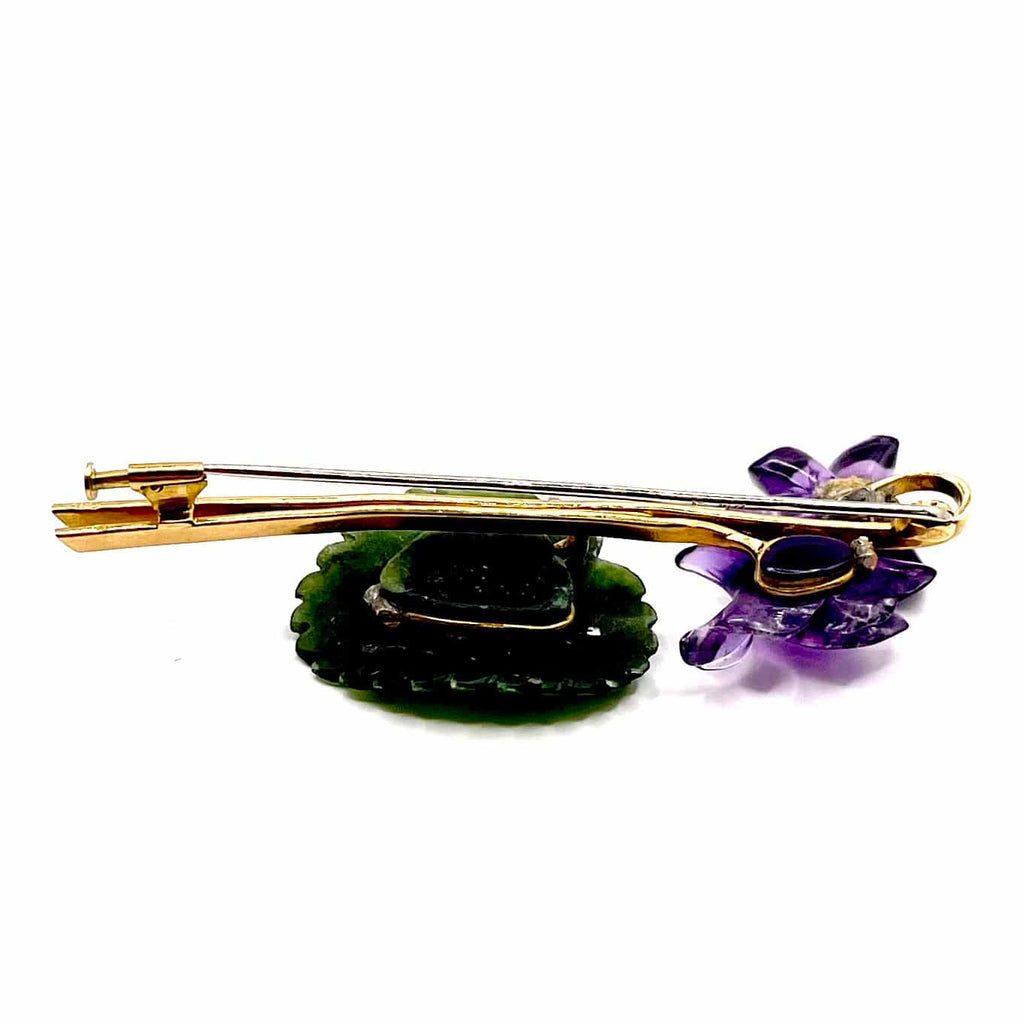 0725. Vintage Gold Brooch with Amethyst and Nephrite