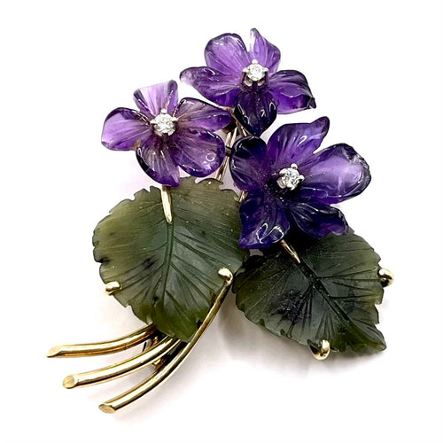 1283. Vintage Goldbrosche mit Amethyst und Nephrit