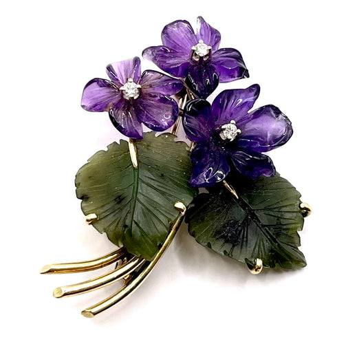1283. Vintage Goldbrosche mit Amethyst und Nephrit