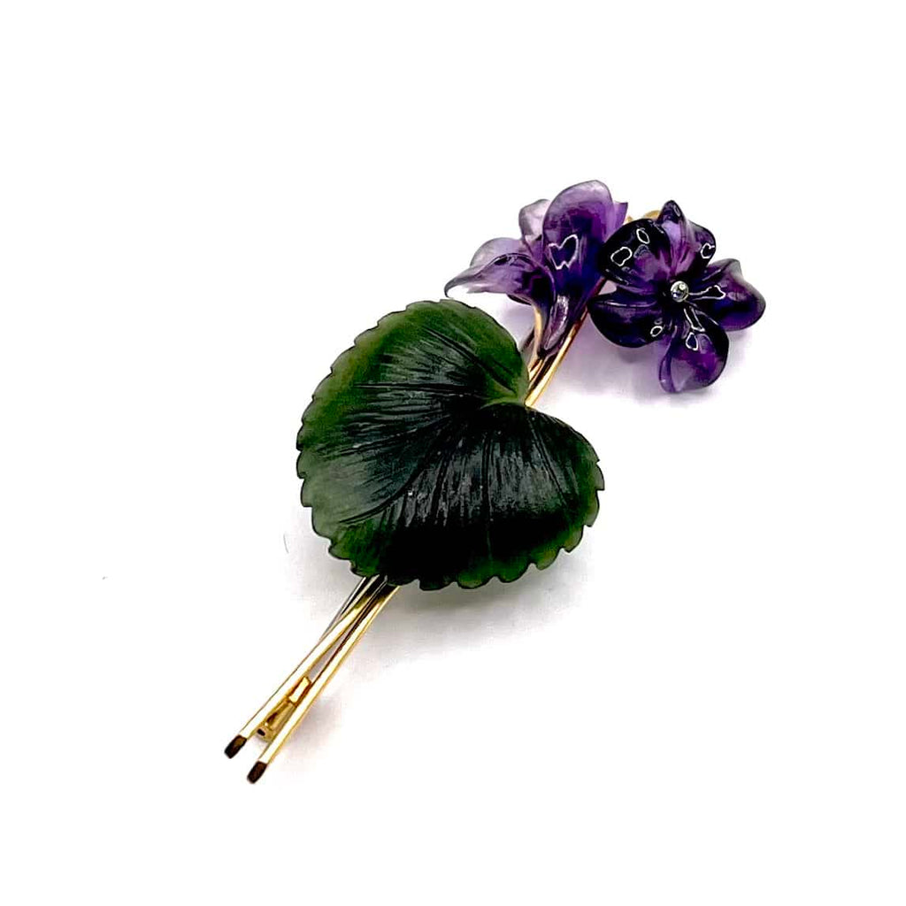 0725. Vintage Gold Brooch with Amethyst and Nephrite