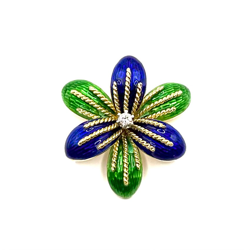 R164. Broche vintage en or sertie de diamants et d'émail