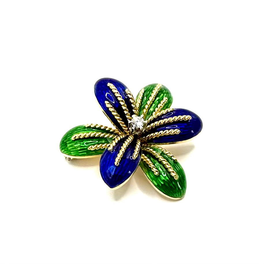 R164. Broche vintage en or sertie de diamants et d'émail