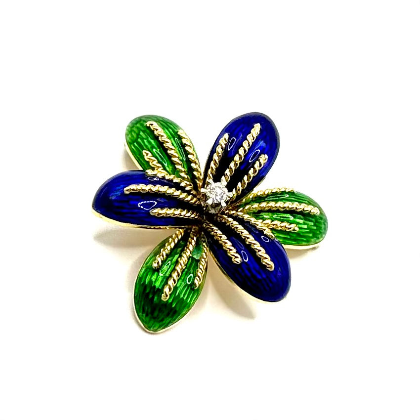 R164. Broche vintage en or sertie de diamants et d'émail