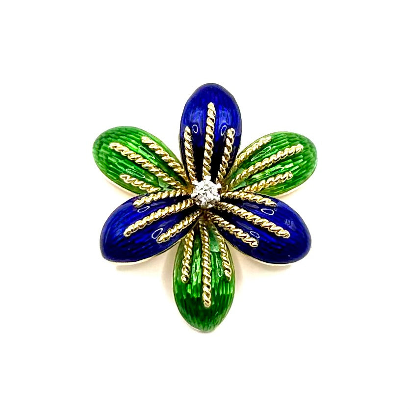 R164. Broche vintage en or sertie de diamants et d'émail