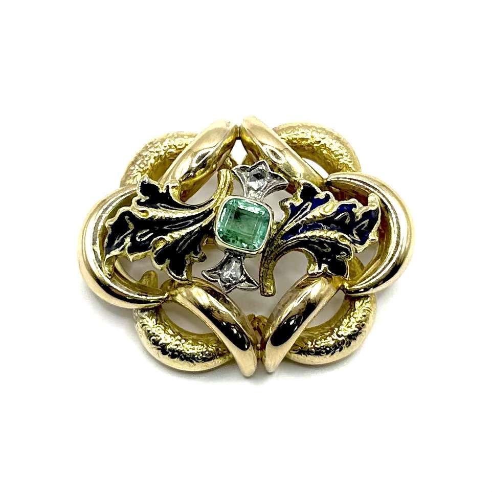 R38. Biedermeier złota broszka z diamentem, szmaragdem i emalią