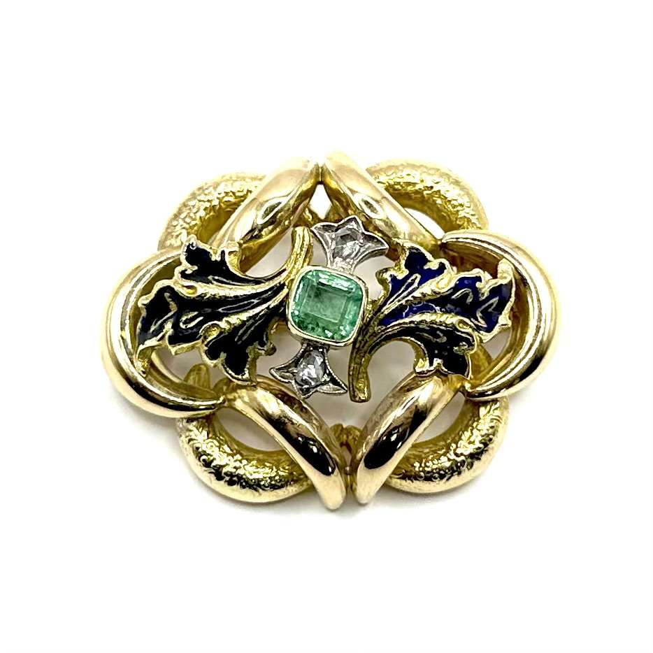 R38. Biedermeier złota brosza z diamentem, szmaragdem i emalią