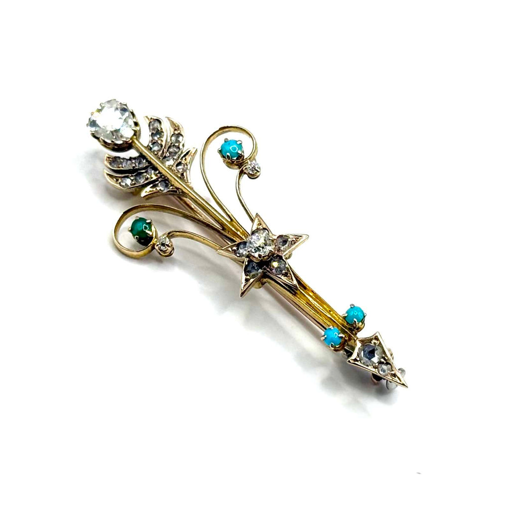 5115. Antique Gold Brooch with Diamond and Turquoise