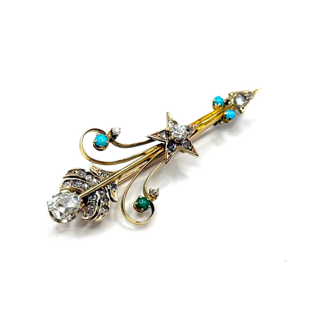 5115. Antique Gold Brooch with Diamond and Turquoise