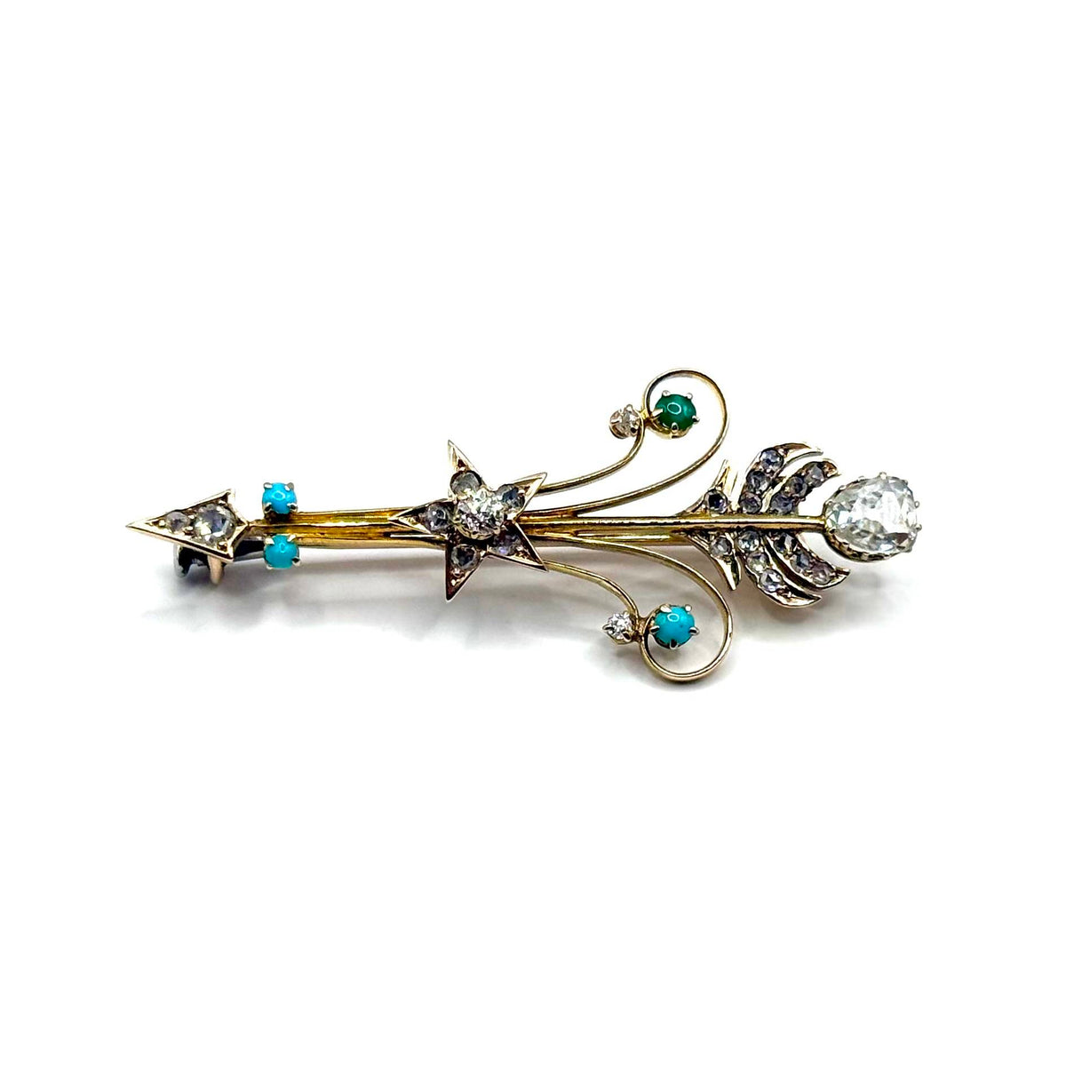 5115. Antique Gold Brooch with Diamond and Turquoise
