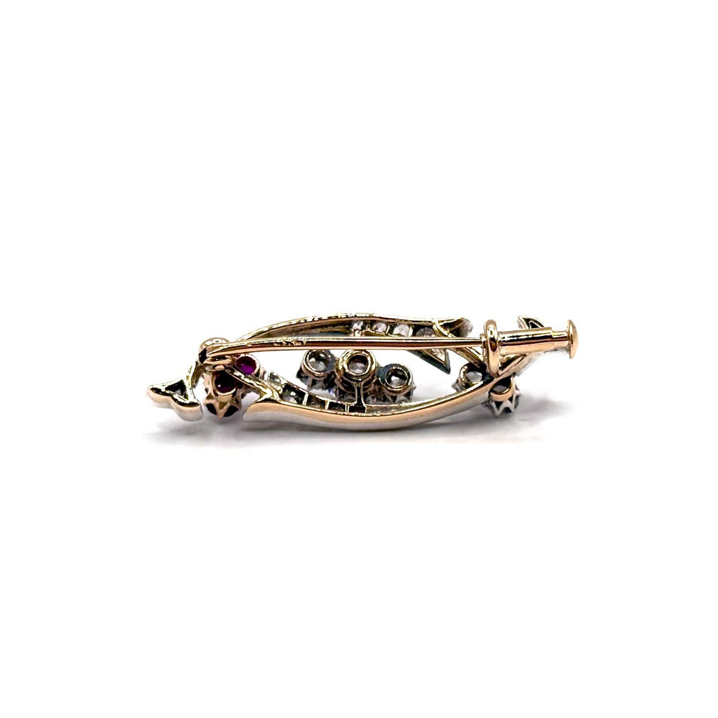 5153. Art Deco Gold Brooch with Diamond and Ruby
