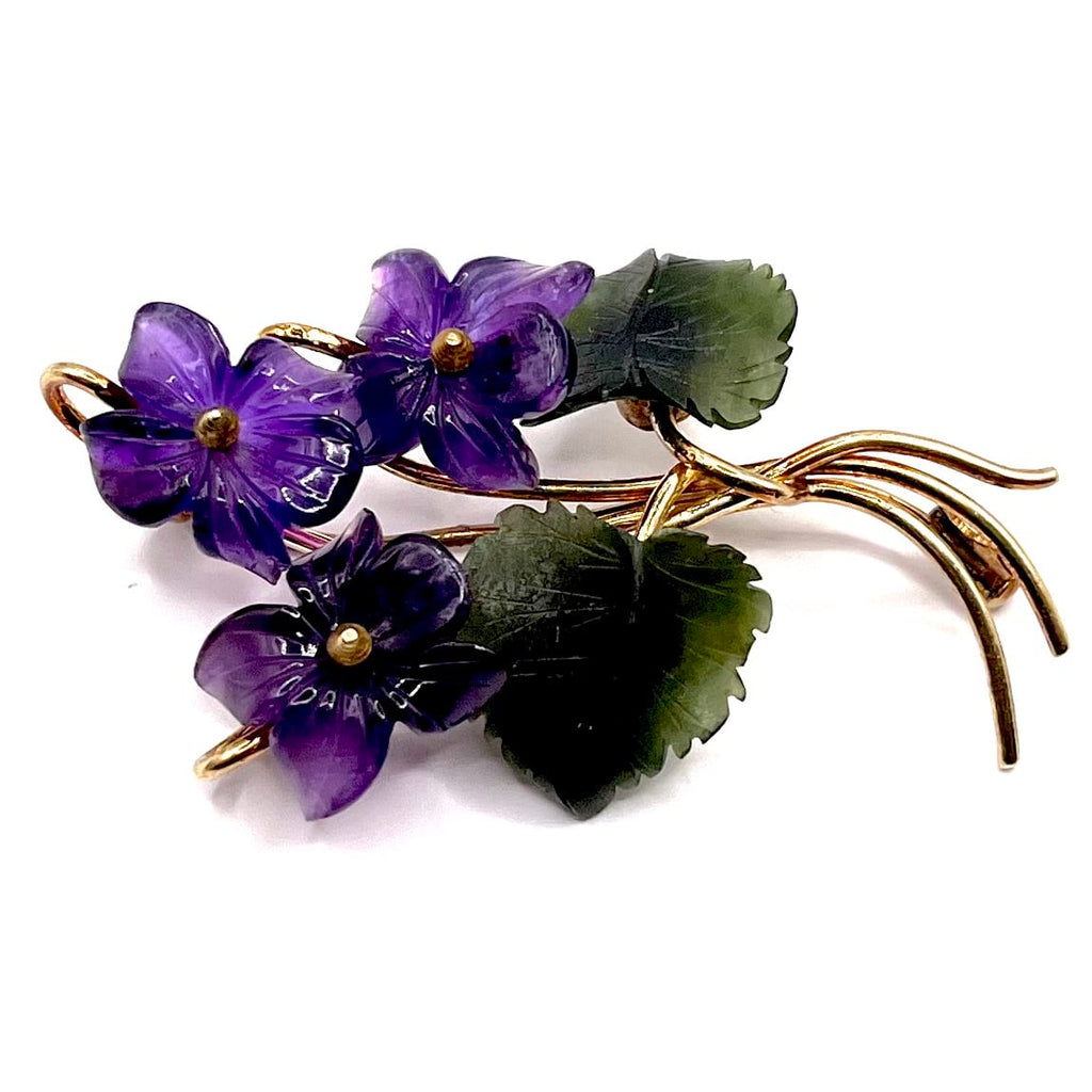 0886. Vintage Gold Brooch with Amethyst and Nephrite