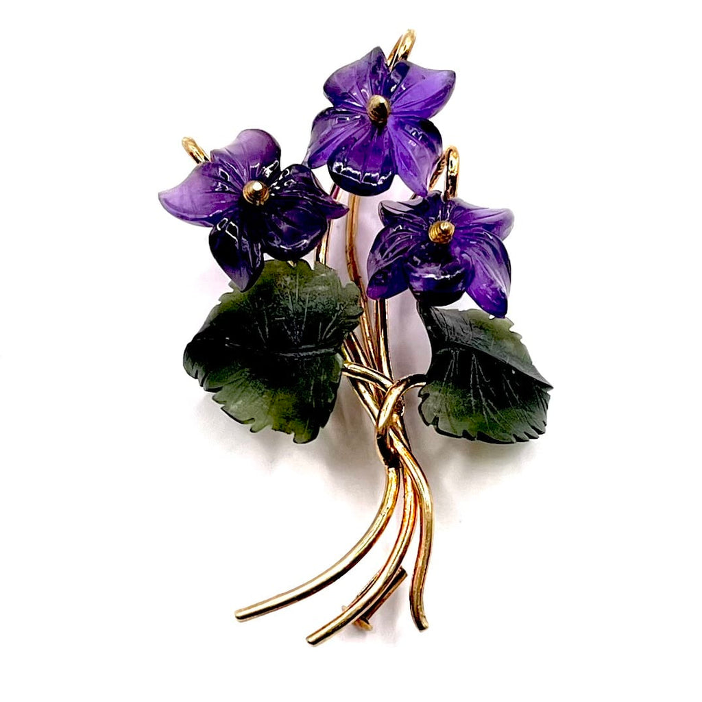 0886. Vintage Gold Brooch with Amethyst and Nephrite