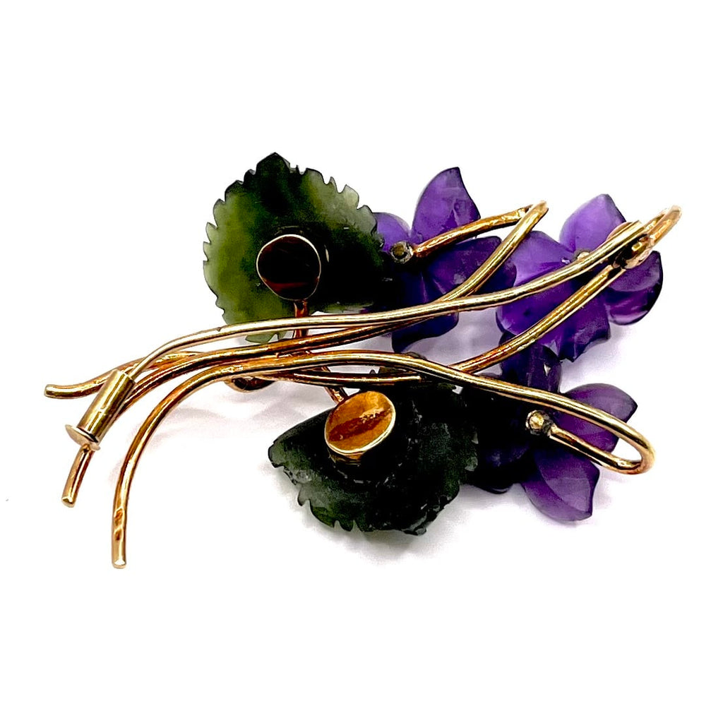 0886. Vintage Gold Brooch with Amethyst and Nephrite