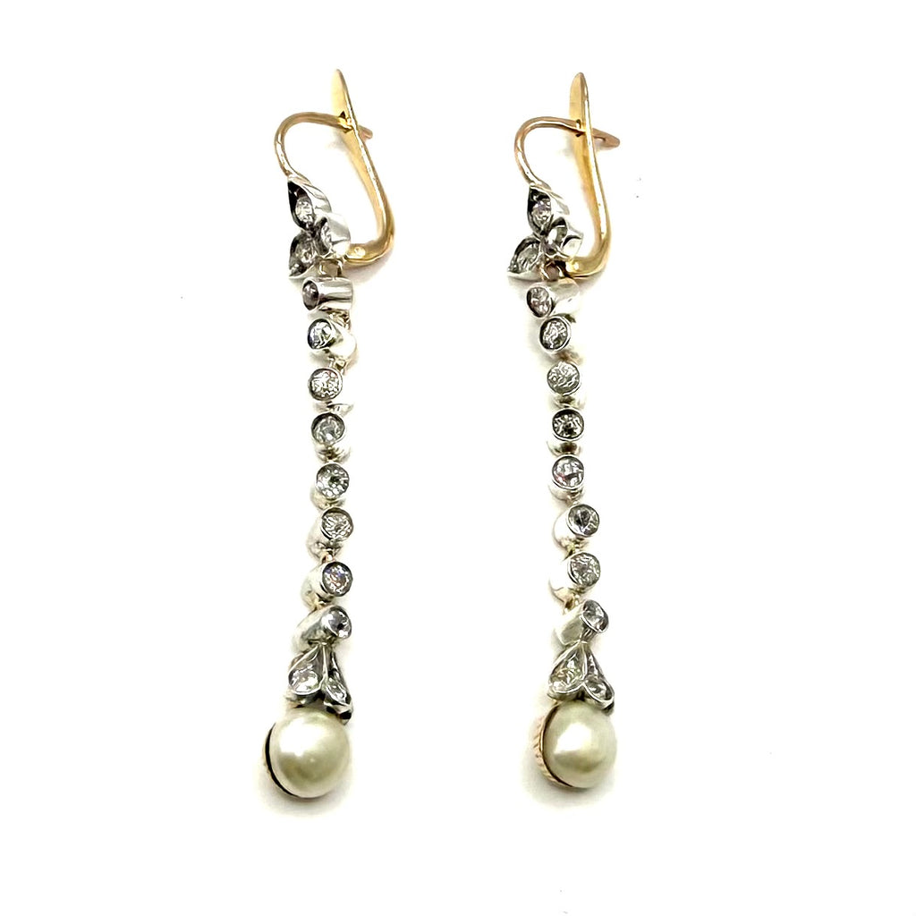 SZT8. Art Deco Gold Earrings with Diamonds and Freshwater Pearl.