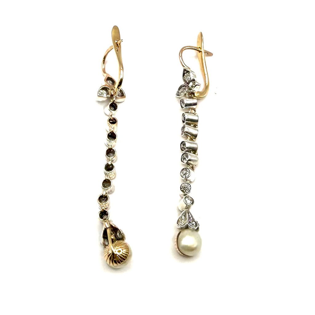 SZT8. Art Deco Gold Earrings with Diamonds and Freshwater Pearl.