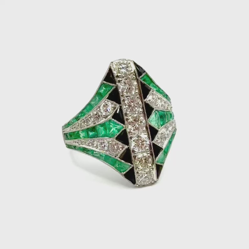 1424. Art deco gyűrű gyémánttal, smaragddal és ónixszal.
