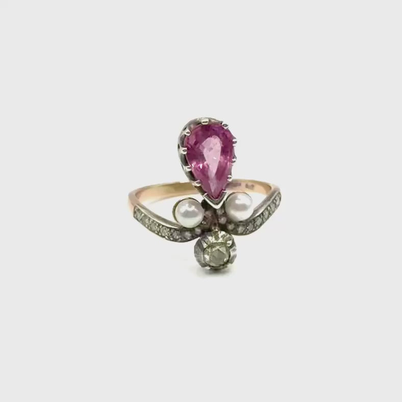 Video — 1656. Tiara Gyűrű Gyémánttal, Pink Zafírral és Édesvízi Gyönggyel