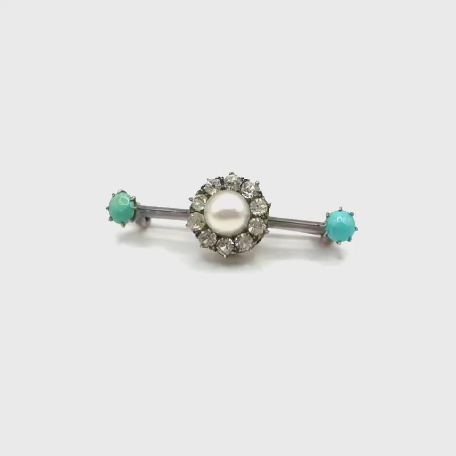 SF684. Broche de oro Art Déco con perla, turquesa y piedra preciosa